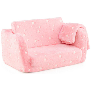 2-in-1 Folding Kids Couch with Blanket Glow in the Dark-Pink