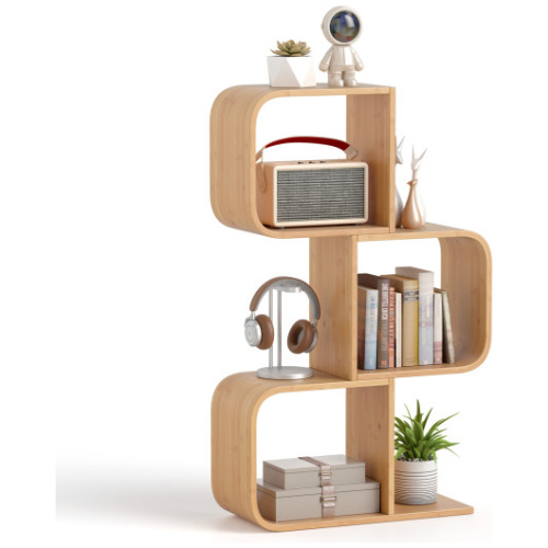 3-Tier S-Shaped Bookcase with 3 Open Cubes for Living Room-Natural