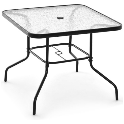34 Inch Outdoor Dining Table Square Tempered Glass Table with 1.5 Inch Umbrella Hole-Black