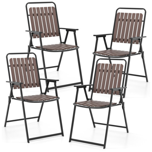 4 pcs Patio Folding Chairs with PP Seat and Back and 400 LBS Heavy-Duty Metal Frame-Brown