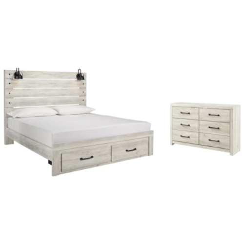 Cambeck King Panel Bed with 2 Storage Drawers with Dresser, Whitewash