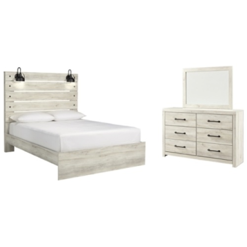 Cambeck Queen Panel Bed with Mirrored Dresser, Whitewash