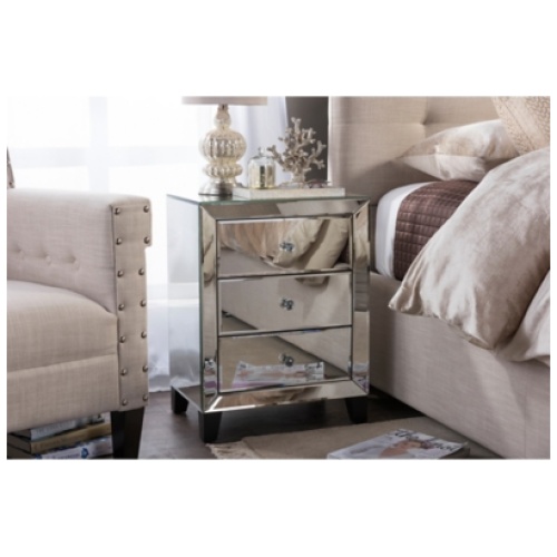 Chevron Modern Mirrored 3 Drawer Nightstand, Silver Mirrored