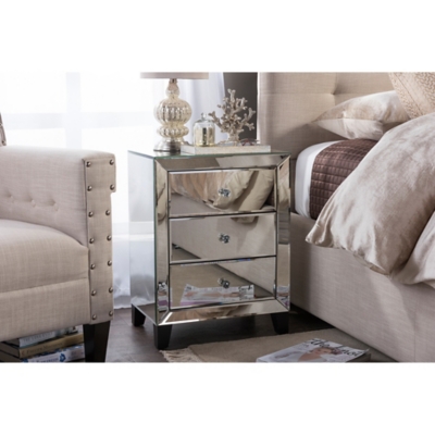 Chevron Modern Mirrored 3 Drawer Nightstand, Silver Mirrored