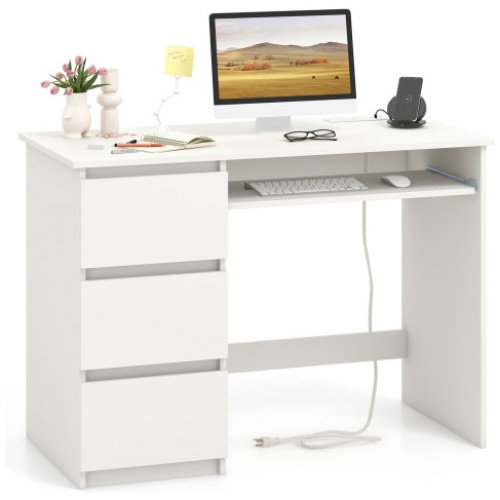 Computer Desk with Power Outlet Keyboard Tray and 3 Large Drawers-White