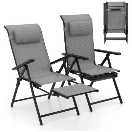 Folding Patio Chairs Set of 2 with 10-Level Adjustable Backrests and Armrests-Grey