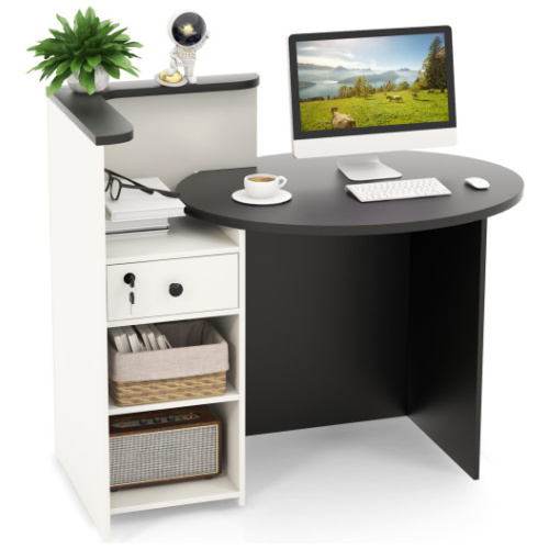 Front Reception Office Desk with Open Shelf and Lockable Drawer-Black & White