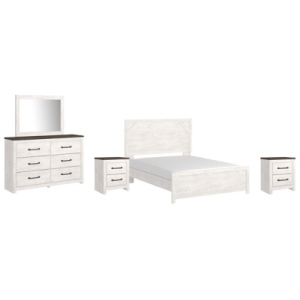 Gerridan Queen Panel Bed with Mirrored Dresser and 2 Nightstands, White/Gray