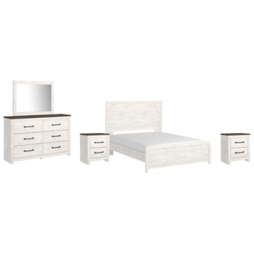 Gerridan Queen Panel Bed with Mirrored Dresser and 2 Nightstands, White/Gray