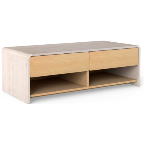 Home Coffee Table with 2 Drawers and 2 Storage Shelf-White & Natural