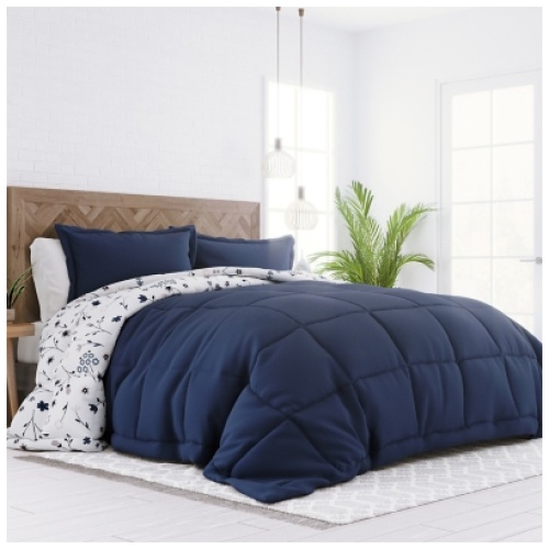 Home Collection Forget Me Not Premium Down Alternative 3-Piece Queen Comforter Set, Navy