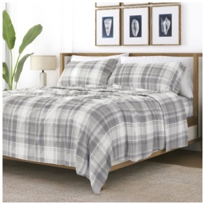 Home Collection Premium Plaid Flannel King Bed Sheet Set, Ash Gray