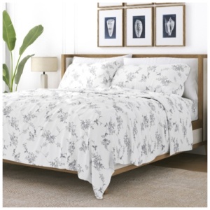 Home Collection Premium Sylvan Rose Flannel King Bed Sheet Set, Charcoal/White