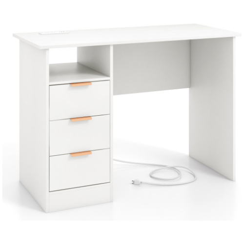 Home Office Desk with Power Outlet 3 Storage Drawers and Open Compartment-White