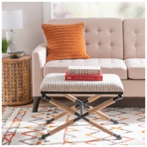 Linon Silas Campaign Striped Accent Stool Ottoman, Black