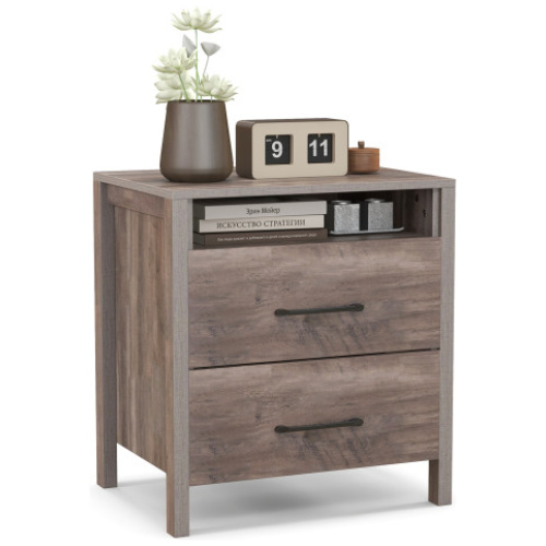 Nightstand with 2 Drawers Farmhouse Bed Side Table with Open Storage Shelf-Grey