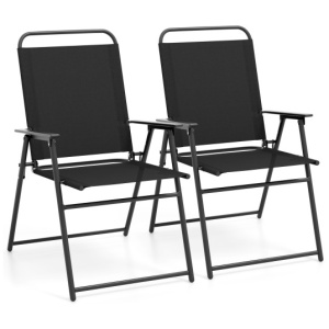 Outdoor Folding Sling Chairs with Armrest and Backrest-Black