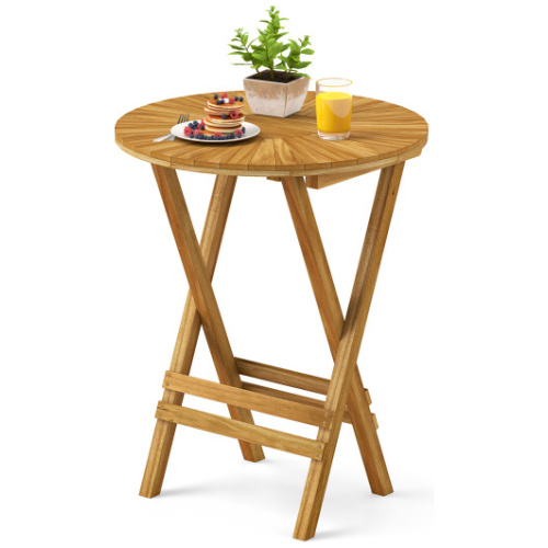 Patio Folding Side Table Teak Wood Round End Table with Slatted Tabletop and X-Shaped Frame
