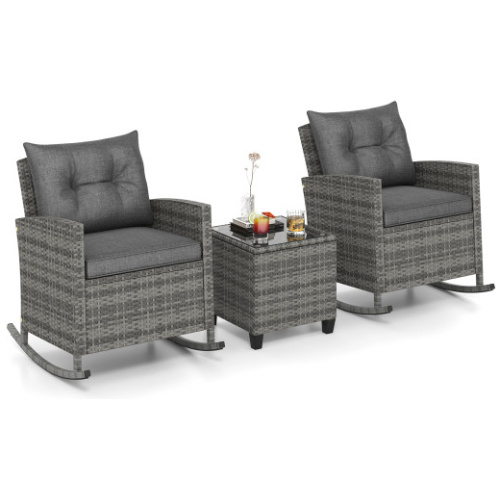 Patio Rattan Roker Chairs with Tempered Glass Table and Soft Cushions for Backyard, Poolside Porch-Gray