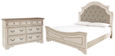 Realyn Queen Upholstered Panel Bed with Dresser, Chipped White