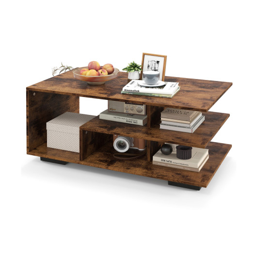 Rectangular Coffee Table with L-shaped Middle Shelf-Brown