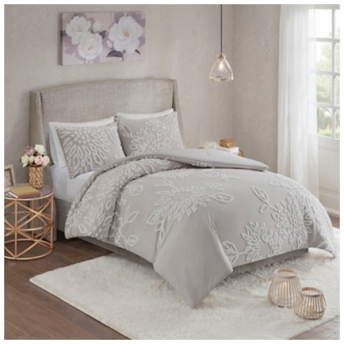 Veronica Full/Queen 3 Piece Tufted Chenille Floral Comforter Set, Gray/White