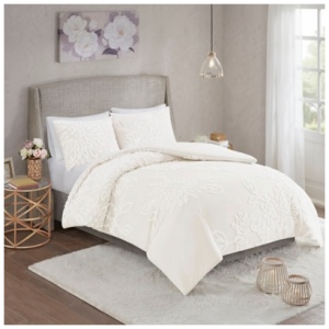 Veronica King/California King 3 Piece Tufted Chenille Floral Duvet Cover Set, Off White