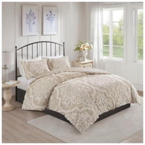 Viola King/California King 3 piece Tufted Chenille Damask Duvet Cover Set, Taupe