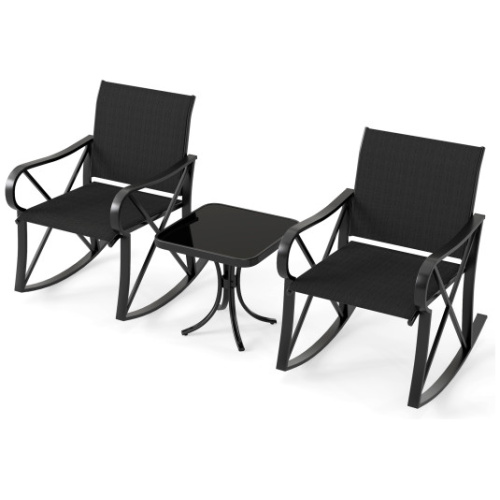 3 Piece Patio Rocking Set with Smooth Rocking Motion Outdoor Rocker Chair Bistro Set-Black