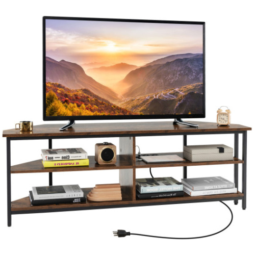 3-Tier Corner TV Stand for TVs up to 65 Inches with Charging Station- Rustic Brown
