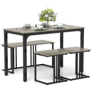 4 Pieces Space-Saving Dining Table Set with Bench and 2 Stools-Oak