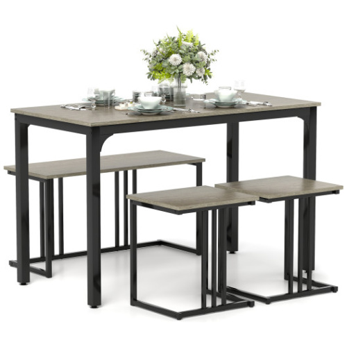 4 Pieces Space-Saving Dining Table Set with Bench and 2 Stools-Oak