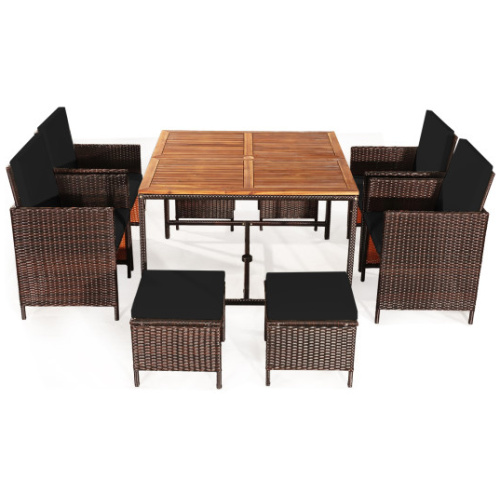 9 Pieces Patio Rattan Dining Cushioned Chairs Set-Black