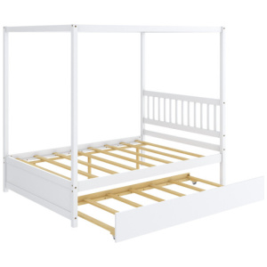 Full Size Canopy Bed with Trundle Wooden Platform Bed Frame Headboard-White