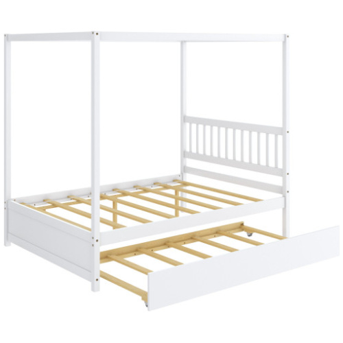 Full Size Canopy Bed with Trundle Wooden Platform Bed Frame Headboard-White