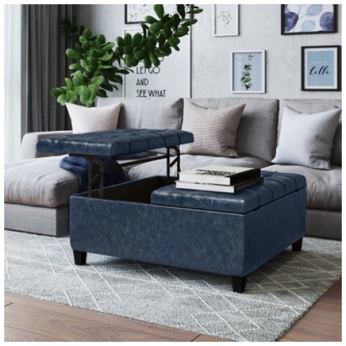 Harrison Square Coffee Table Ottoman with Storage, Denim Blue