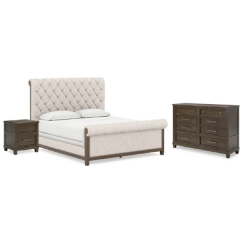 Hillcott California King Upholstered Bed with Dresser and Nightstand, Dark Brown