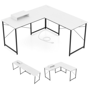 L-Shaped Computer Desk with Power Outlets and Monitor Shelf-White