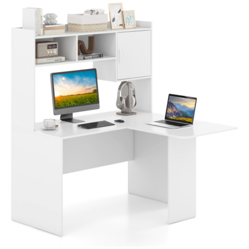 L-Shaped Desk Corner Computer Desk with Open Storage Hutch and Cabinet-White