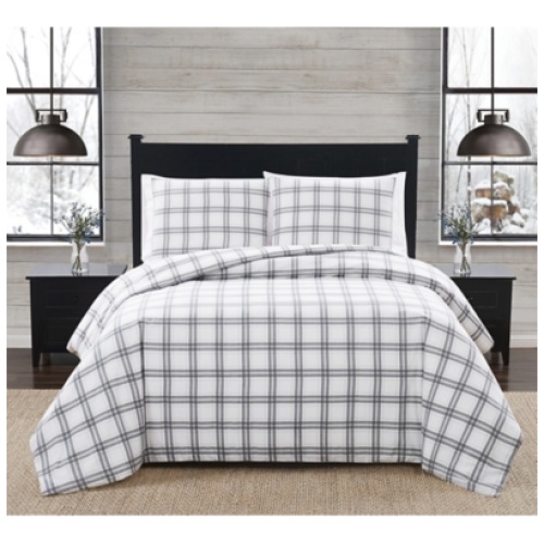 London Fog Plaid Twin XL Flannel Comforter Set, White/Gray