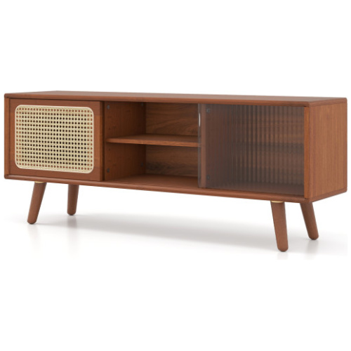 Modern TV Stand with Rattan Glass Sliding Doors-Brown