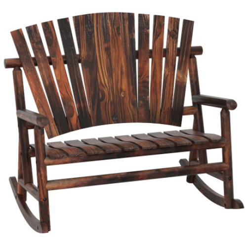 Outdoor Adirondack Rocking Chair for Adults with High Back and Slatted Seat-Brown