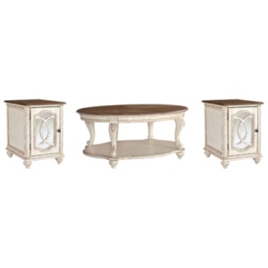 Realyn Coffee Table with 2 End Tables, White/Brown
