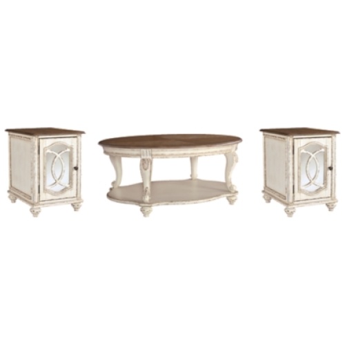 Realyn Coffee Table with 2 End Tables, White/Brown