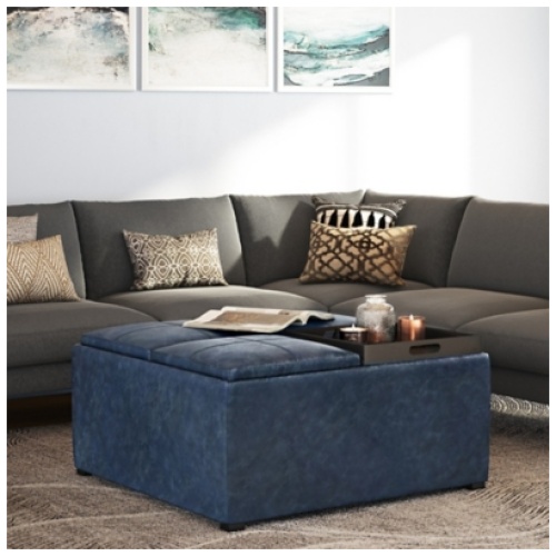 Simpli Home Avalon 35" Coffee Table Storage Ottoman, Blue