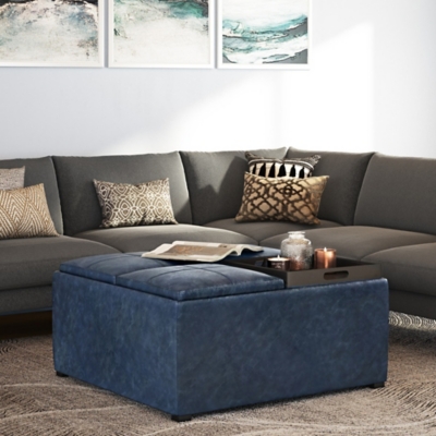 Simpli Home Avalon 35" Coffee Table Storage Ottoman, Blue