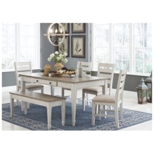 Skempton Dining Table and 4 Chairs and Bench, White/Light Brown