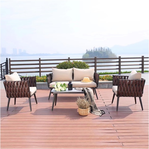 Steel Frame Wicker Sofa Set with Cushions, 4-Piece