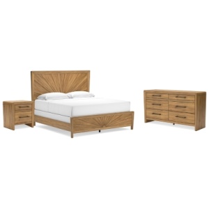 Takston King Panel Bed with Dresser and Nightstand, Light Brown