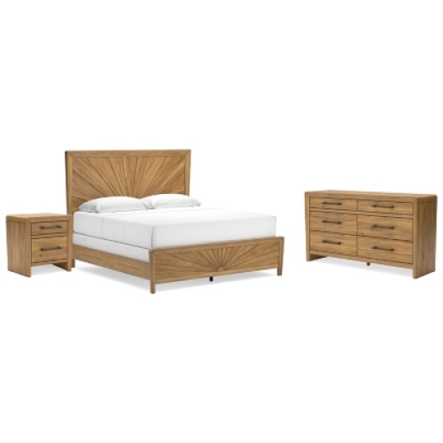 Takston King Panel Bed with Dresser and Nightstand, Light Brown